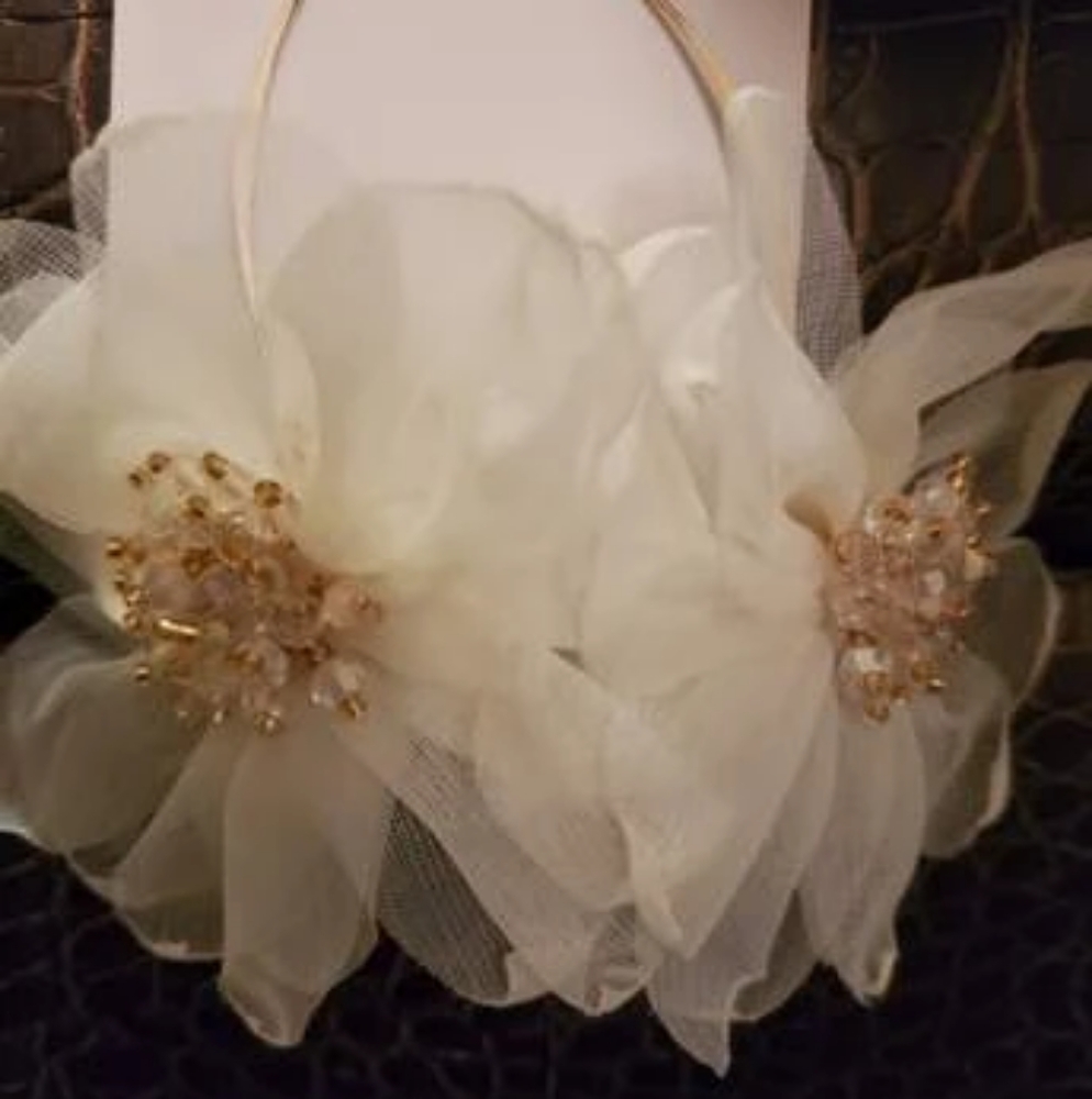 One left: "Magnolia" Beaded Cream Detail Flower Design Earrings - Picture 4 of 4